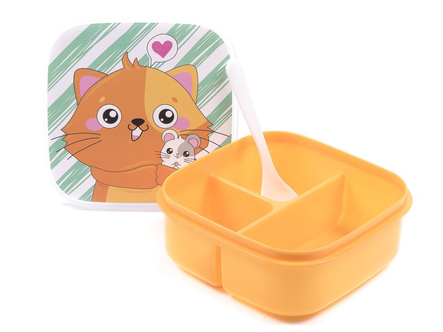 Контейнер для продуктов пластмассовый детский ''кот'' с ложкой 14,5*6 см (арт. 26517110, код 333475) Арт.91158 - фото