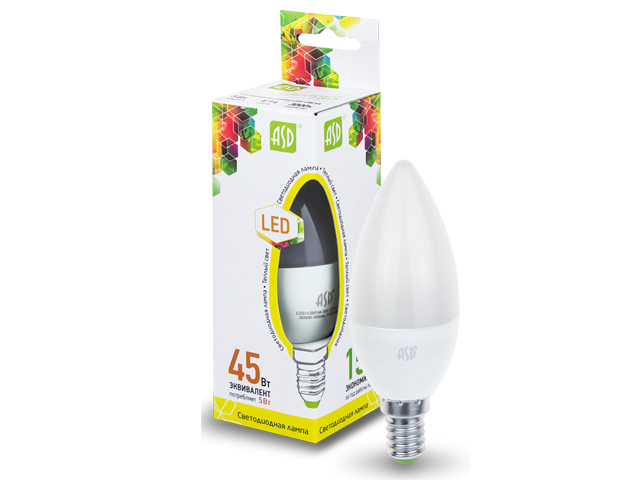 Лампа светодиодная C37 СВЕЧА 5 Вт 160-260В E14 3000К ASD (45 Вт аналог лампы накал., 450Лм, теплый белый свет) Арт. 4690612002200