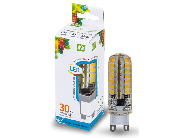 Лампа светодиодная JCD 5 Вт 160-260В G9 4000К ASD (50 Вт аналог лампы накал., 450Лм, нейтральный белый свет) Арт. 4690612004631