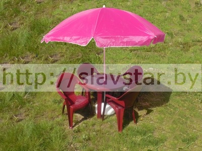 Комплект пластиковой мебели: стол пластиковый круглый, кресло пластиковое садовое Барселона 4шт, садовый зонт, подставка под зонтик (цвет бордовый)